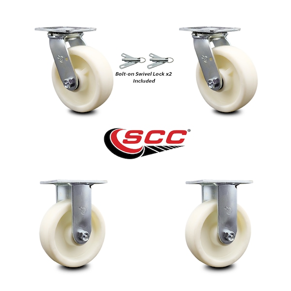 6 Inch Nylon Caster Set with Roller Bearing 2 Swivel Lock 2 Rigid